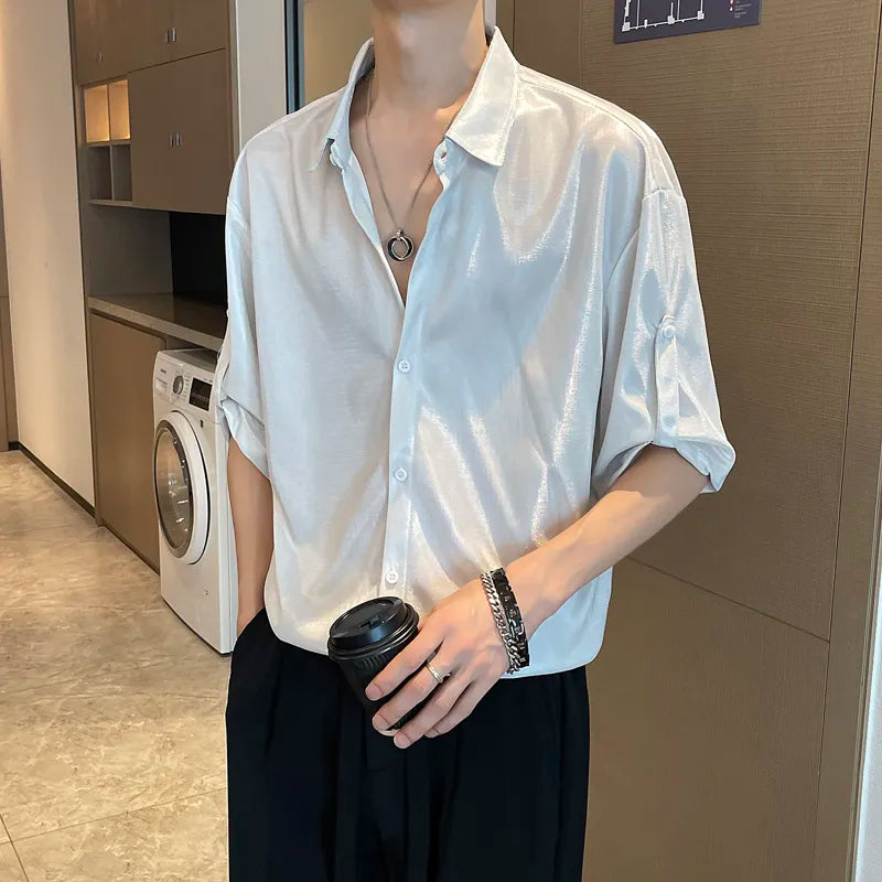 Fashion Shiny Design Loose Half Sleeve Shirt