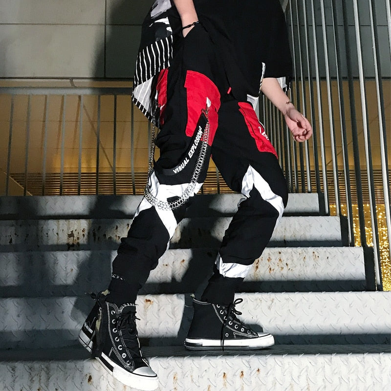 Hip Hop Reflective Strip Patch Style Men Pants