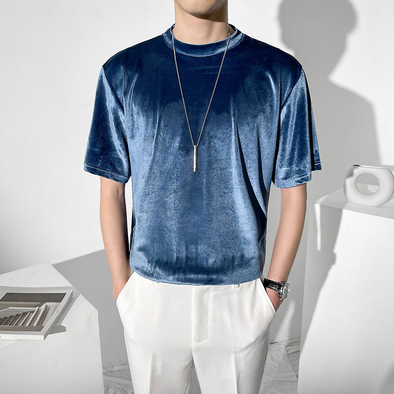 Short-Sleeve Plain Color Luxury Velvet T-Shirt