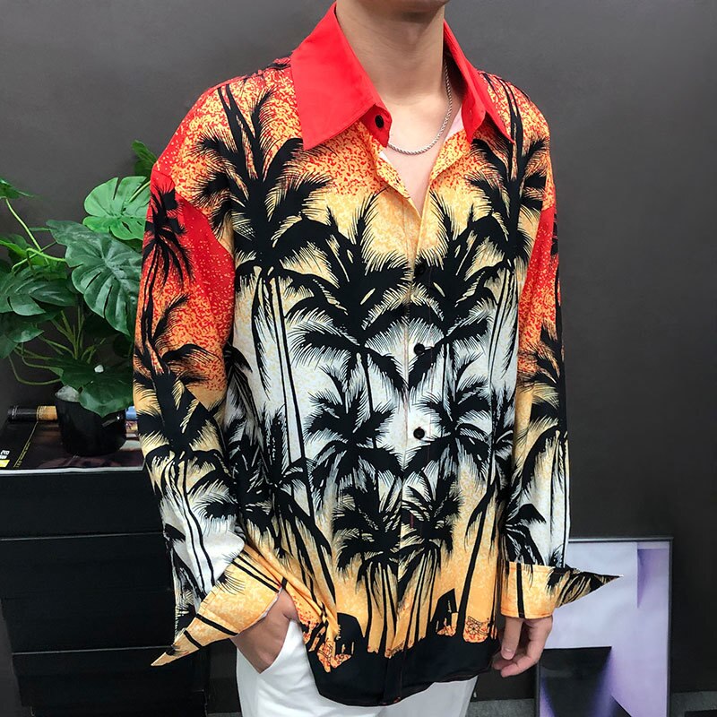 Orange Hawaiian Style Long Sleeves Shirt