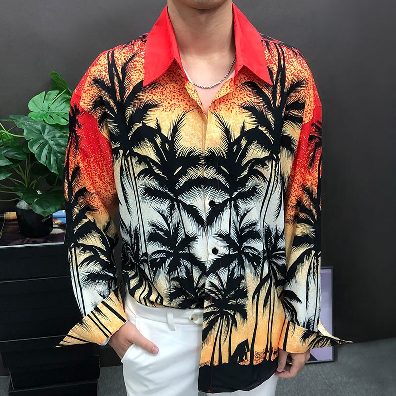 Orange Hawaiian Style Long Sleeves Shirt