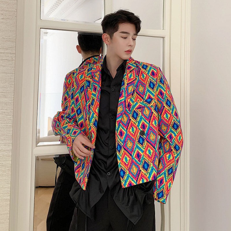 Vintage Look Multicolor Diamonds Printed Men Blazer