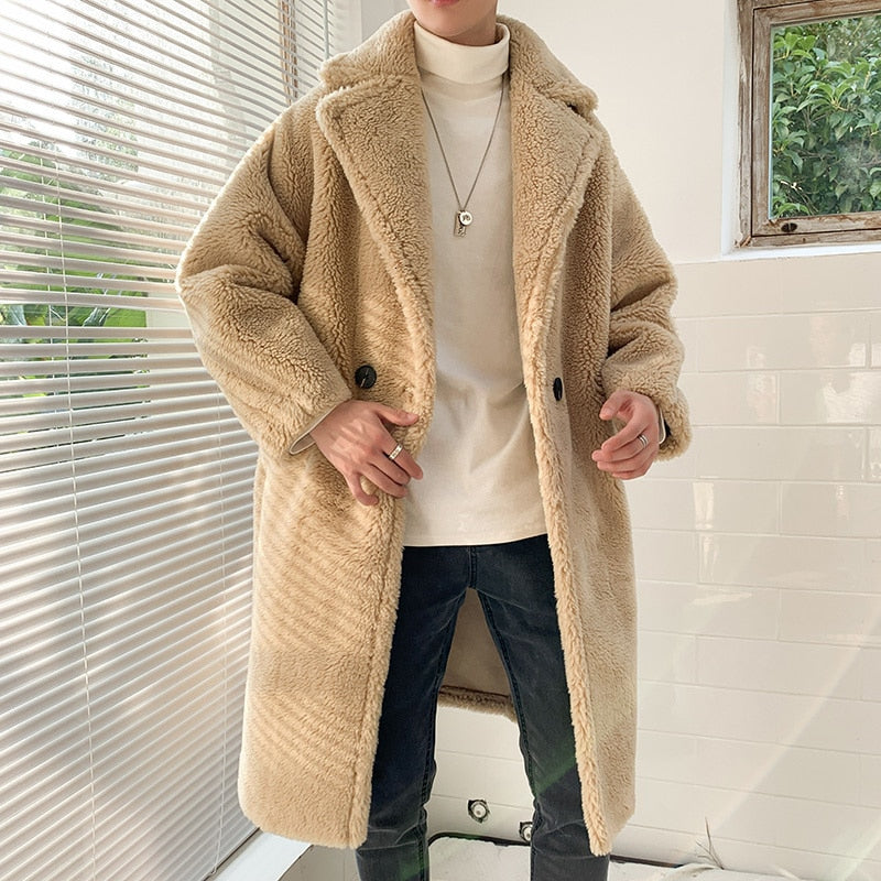 Solid Fleece Faux Fur Oversized Warm Style Men Coat