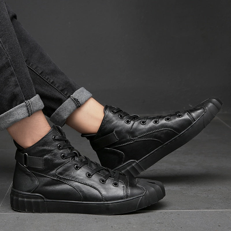 Black Solid Casual Leather Lace Up High Top Style Men Sneaker