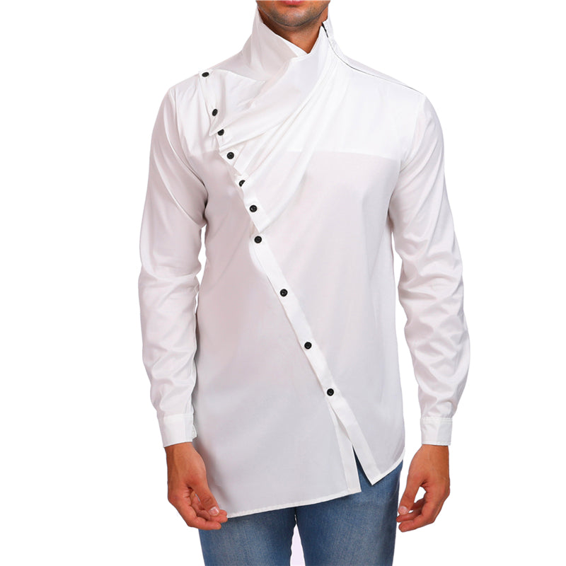 Askew Button High Neck Design Men Long Sleeves Shirt - FanFreakz