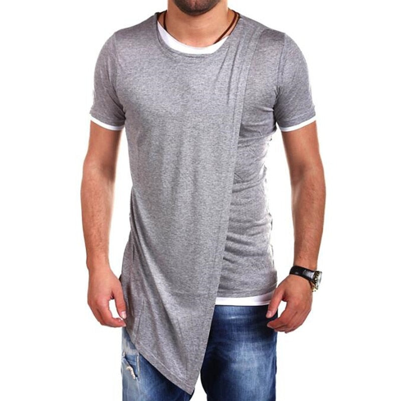 Oblique Double Layers Hip Hop Style Men Short Sleeves T Shirt