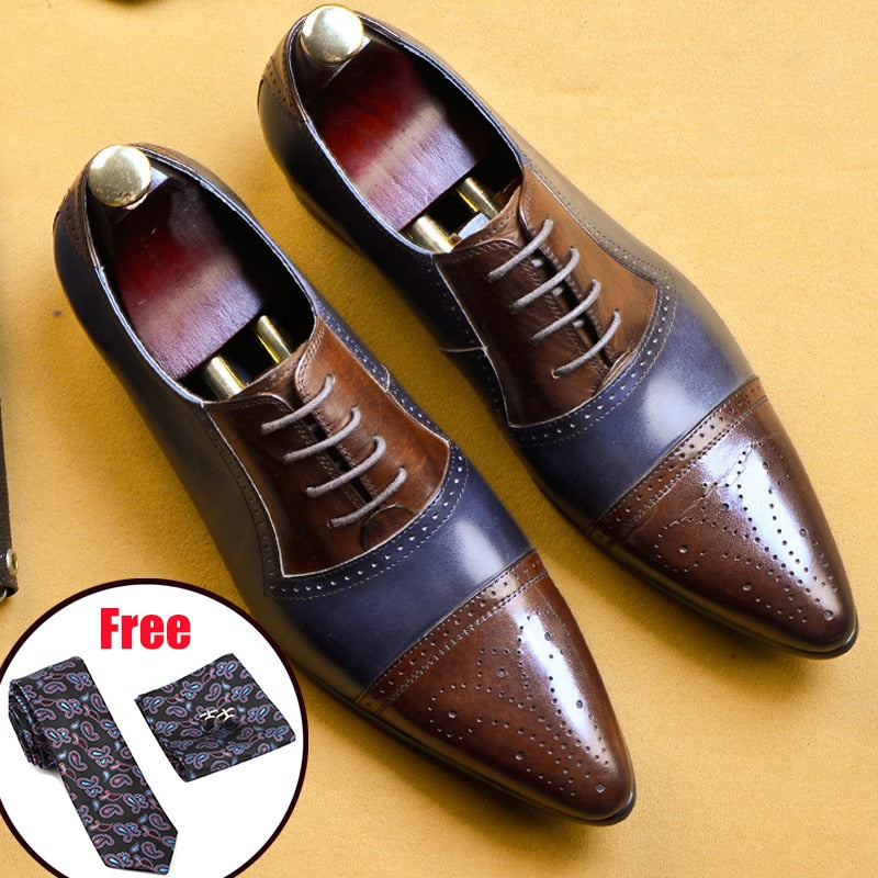 Genuine Leather Double Colours Perforated Pointed Toe Style Men Shoes