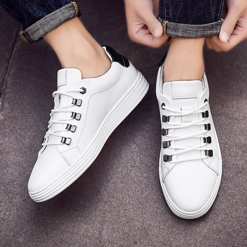 White Genuine Leather Casual Lace Up Men Sneaker