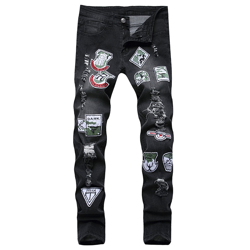 Badges Patchwork Style Ripped Straight Jeans