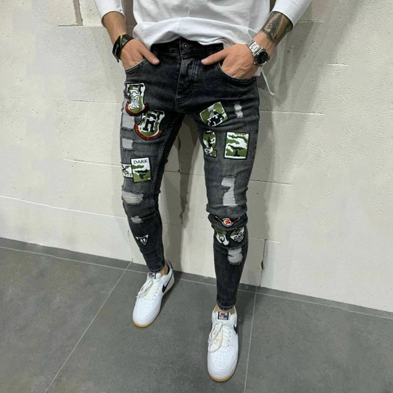 Badges Patchwork Style Ripped Straight Jeans