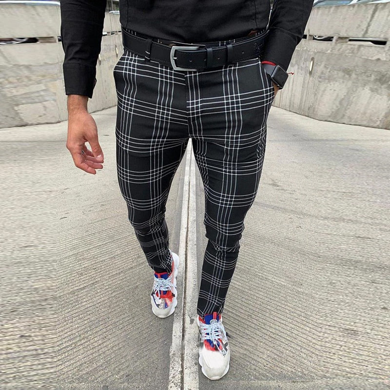 Plaid Slim Fit Black White Skinny Men Trousers