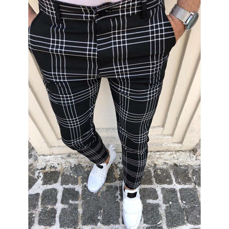 Plaid Slim Fit Black White Skinny Men Trousers