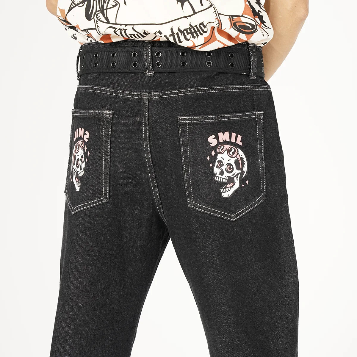 Gothic Skull Printed Pattern Straight Jeans