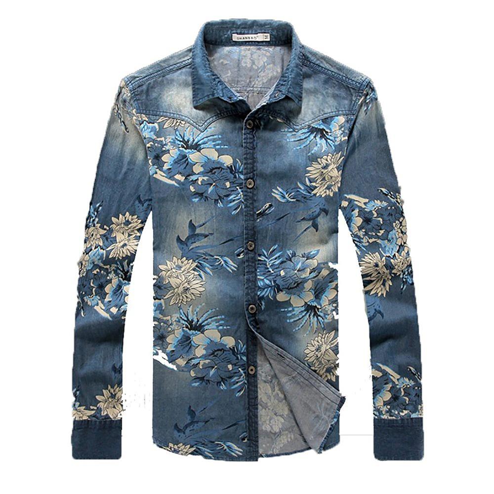 Floral Pattern Denim Long-Sleeved Shirts