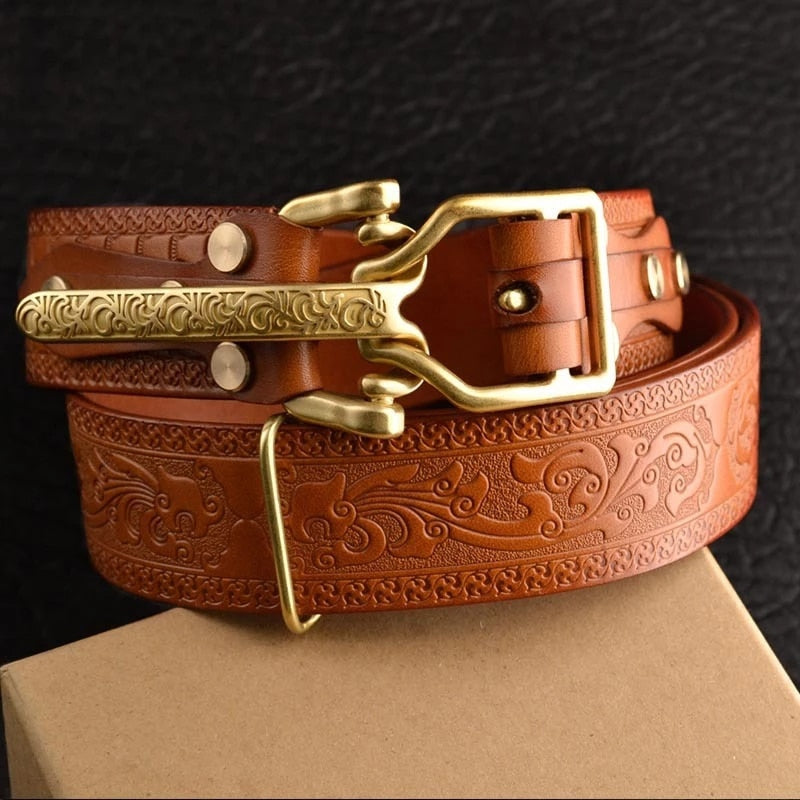 Artistic Leather Gold Buckle Men Belt