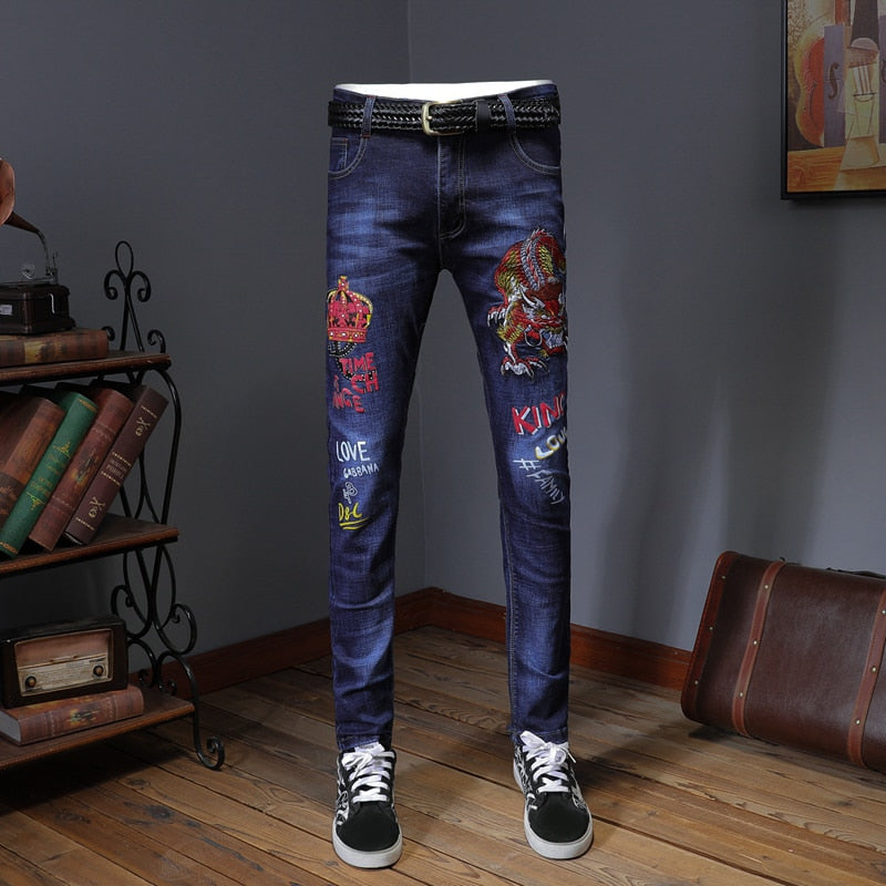 Embroidery Blue Slim Skinny Pencil Jeans