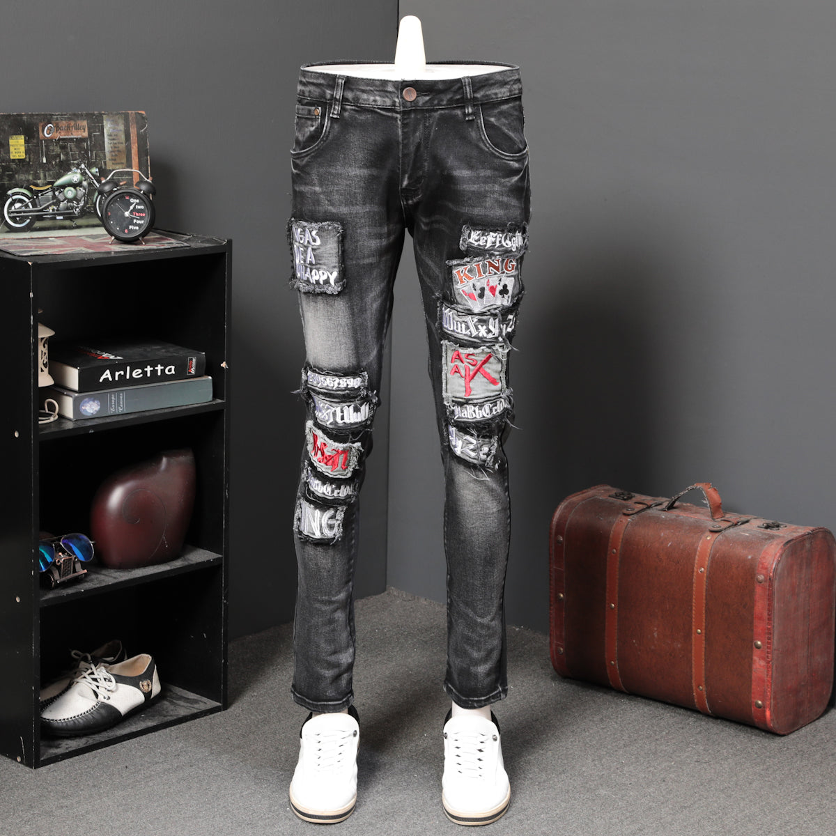 Holes Patched with Card Game Embroidery Splice Casual Style Men Jeans