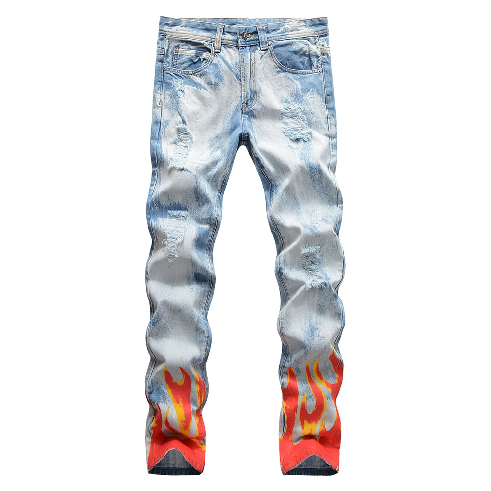 Fire Printed Decoration Ripped Slim Fit Jeans