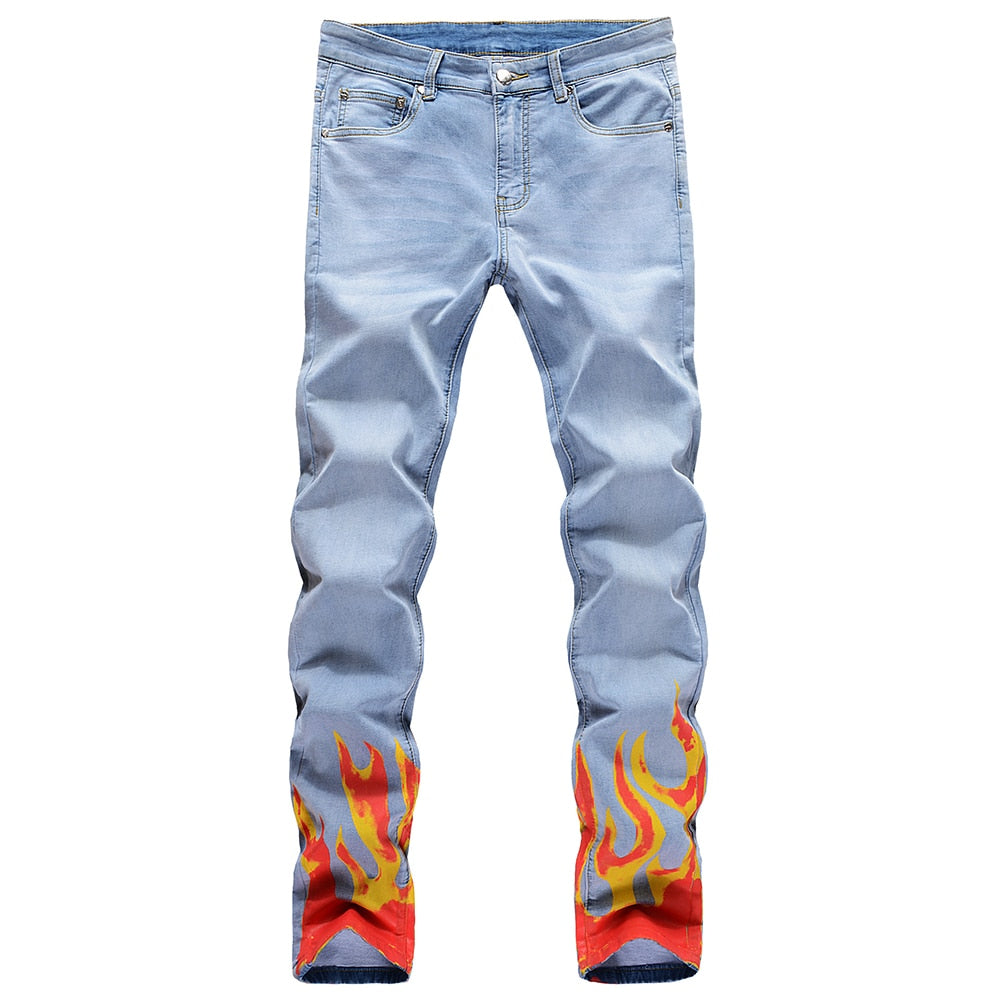 Fire Printed Decoration Ripped Slim Fit Jeans