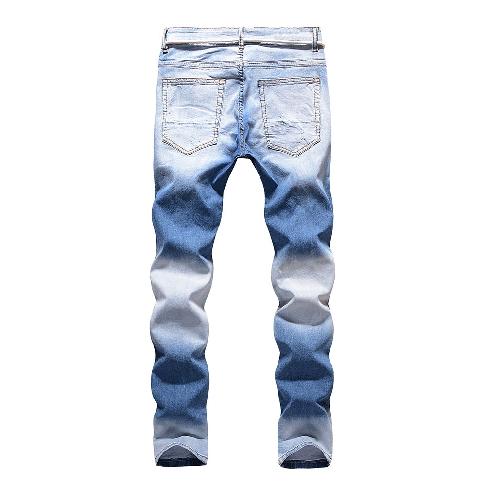 Light Blue Holes and Patchwork Decorated Jeans