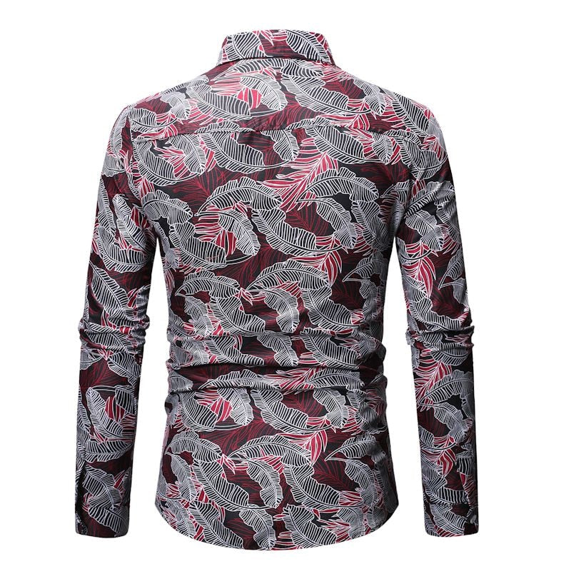 Casual Long Sleeve Hawaiian Leaf Print Men Shirt - FanFreakz