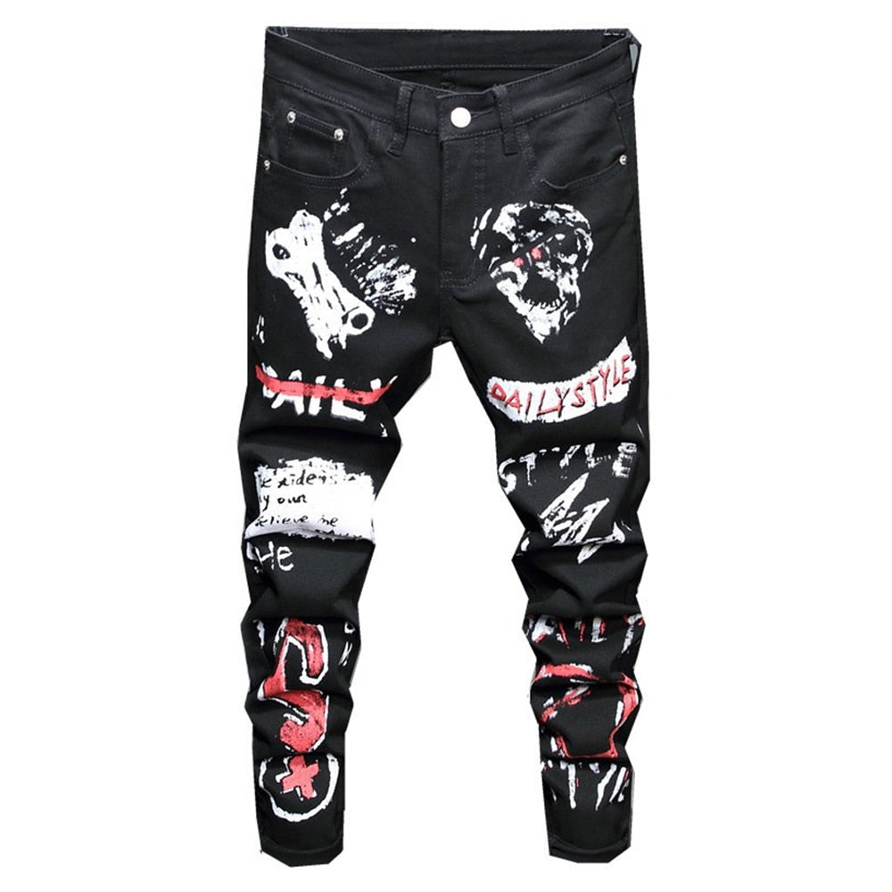 Punk Graffiti Style Printed Slim Fit Jeans