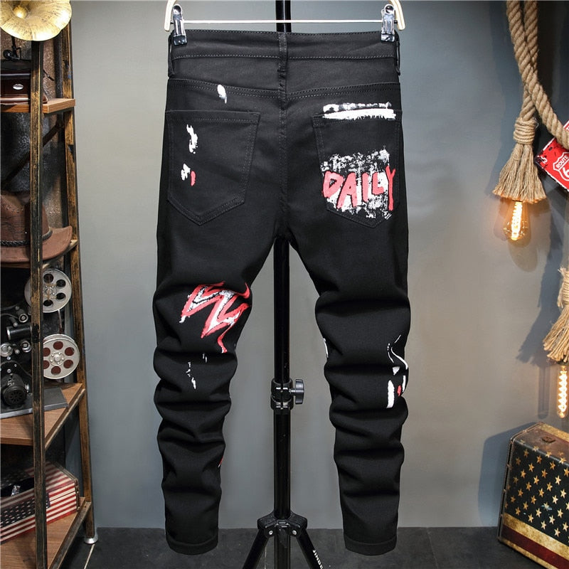 Punk Graffiti Style Printed Slim Fit Jeans