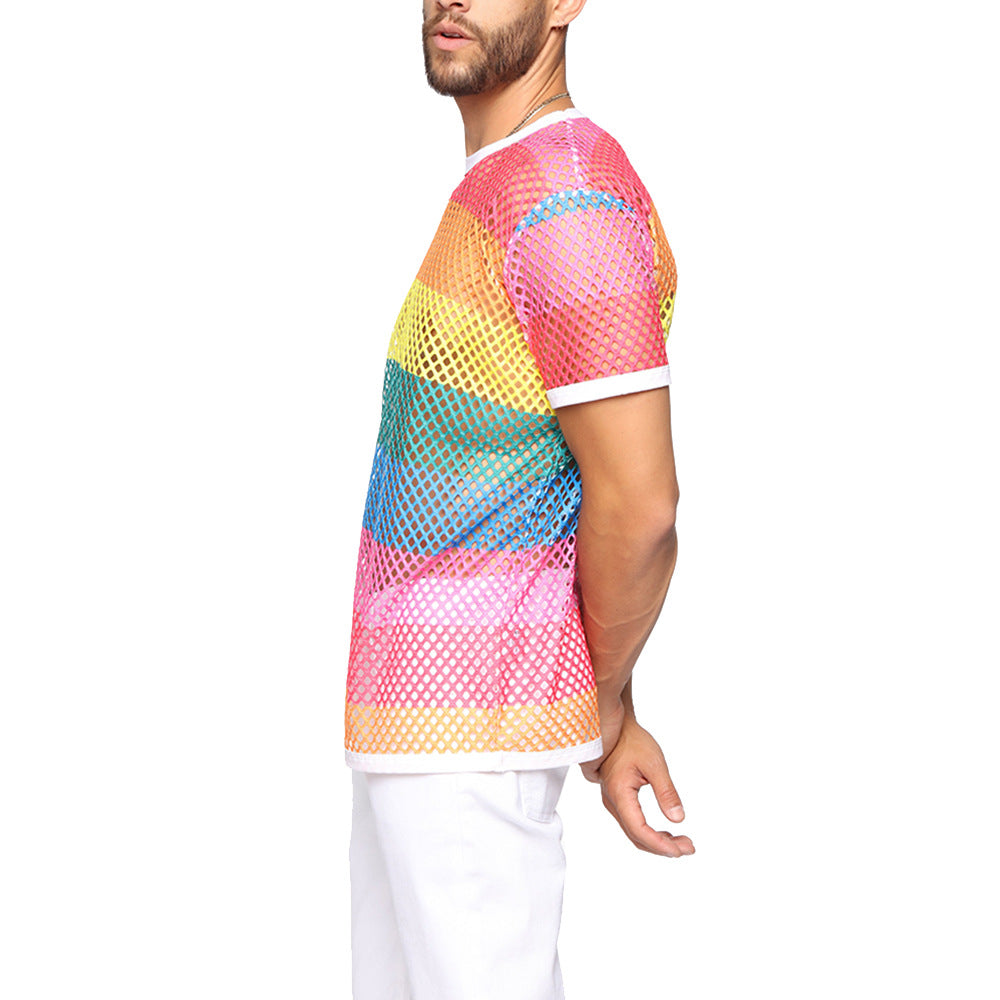 Rainbow Mesh See Through Fishnet Short Sleeves Style Men T-Shirt