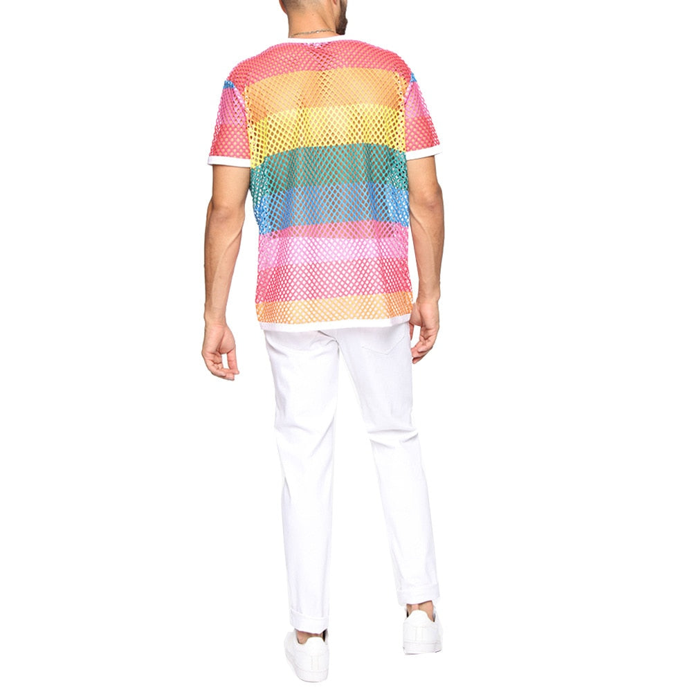 Rainbow Mesh See Through Fishnet Short Sleeves Style Men T-Shirt