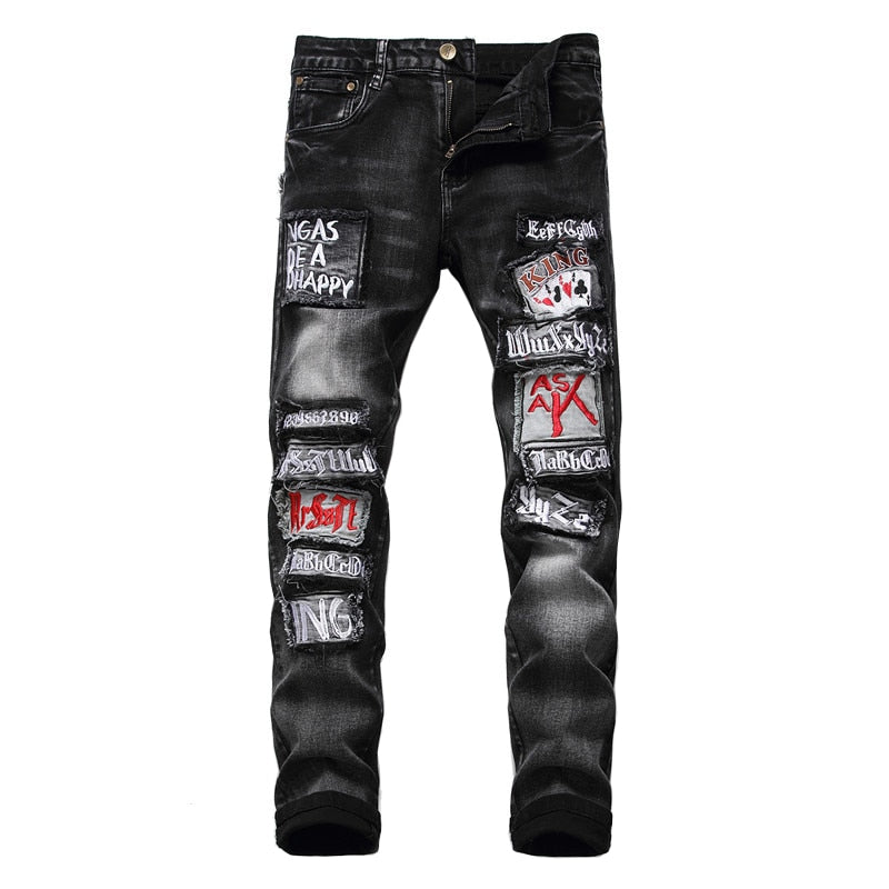 Rocker Style Embroidered Patchwork Men Slim Fit Jeans