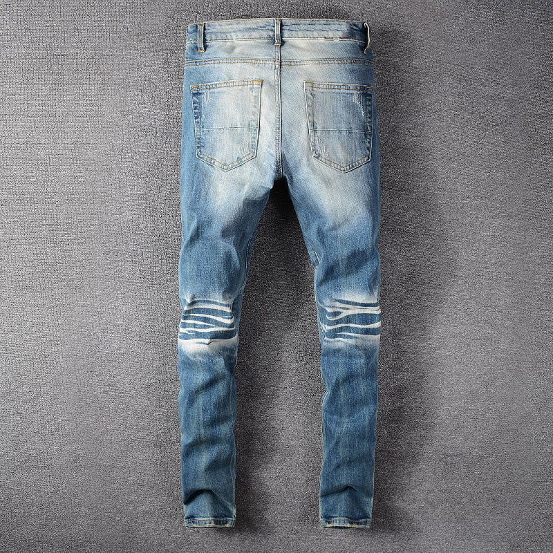 Ripped Knee Patchwork Men Distressed Straight Jeans