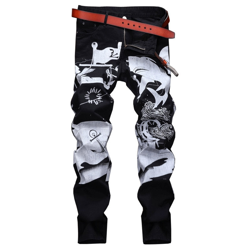 White Shark Painting Printed Black Jeans