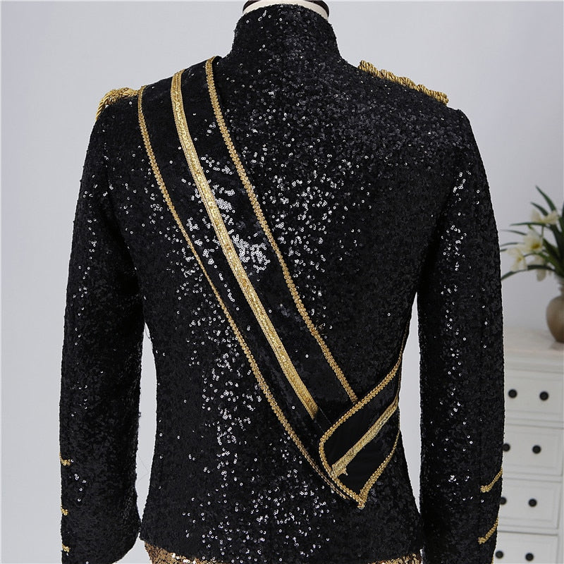 Black and White Sequin Decorated Cotton Polyester Military Blazer