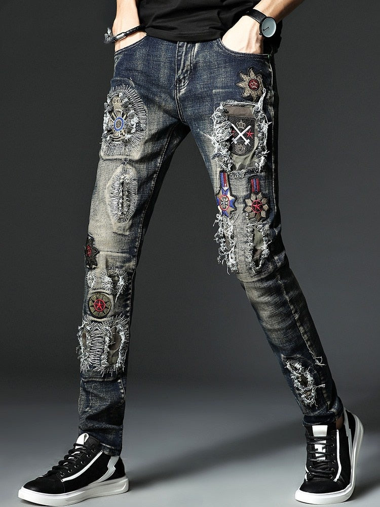 Badges Patch Embroidery Ripped Jeans