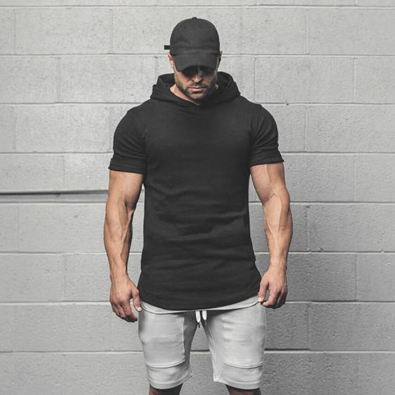 Men Short Sleeve Gym Style Hoodie T-Shirt