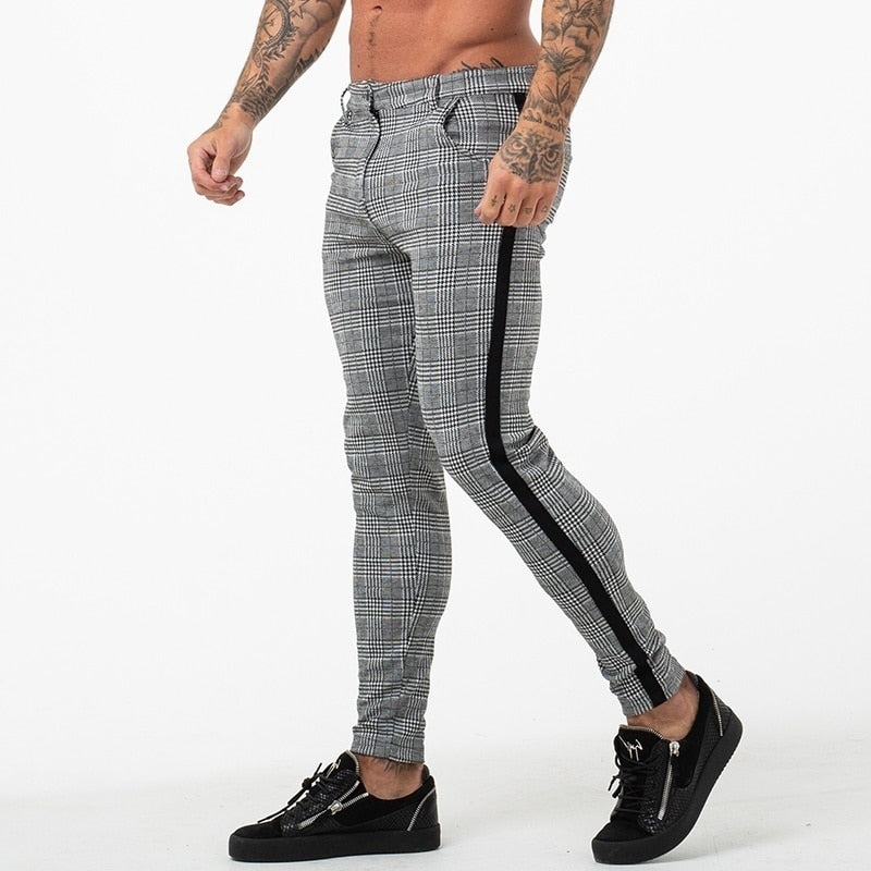 Grey Plaid Side Stripe Slim Fit Skinny Style Men Pants