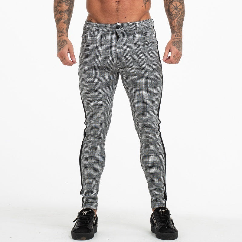 Grey Plaid Side Stripe Slim Fit Skinny Style Men Pants