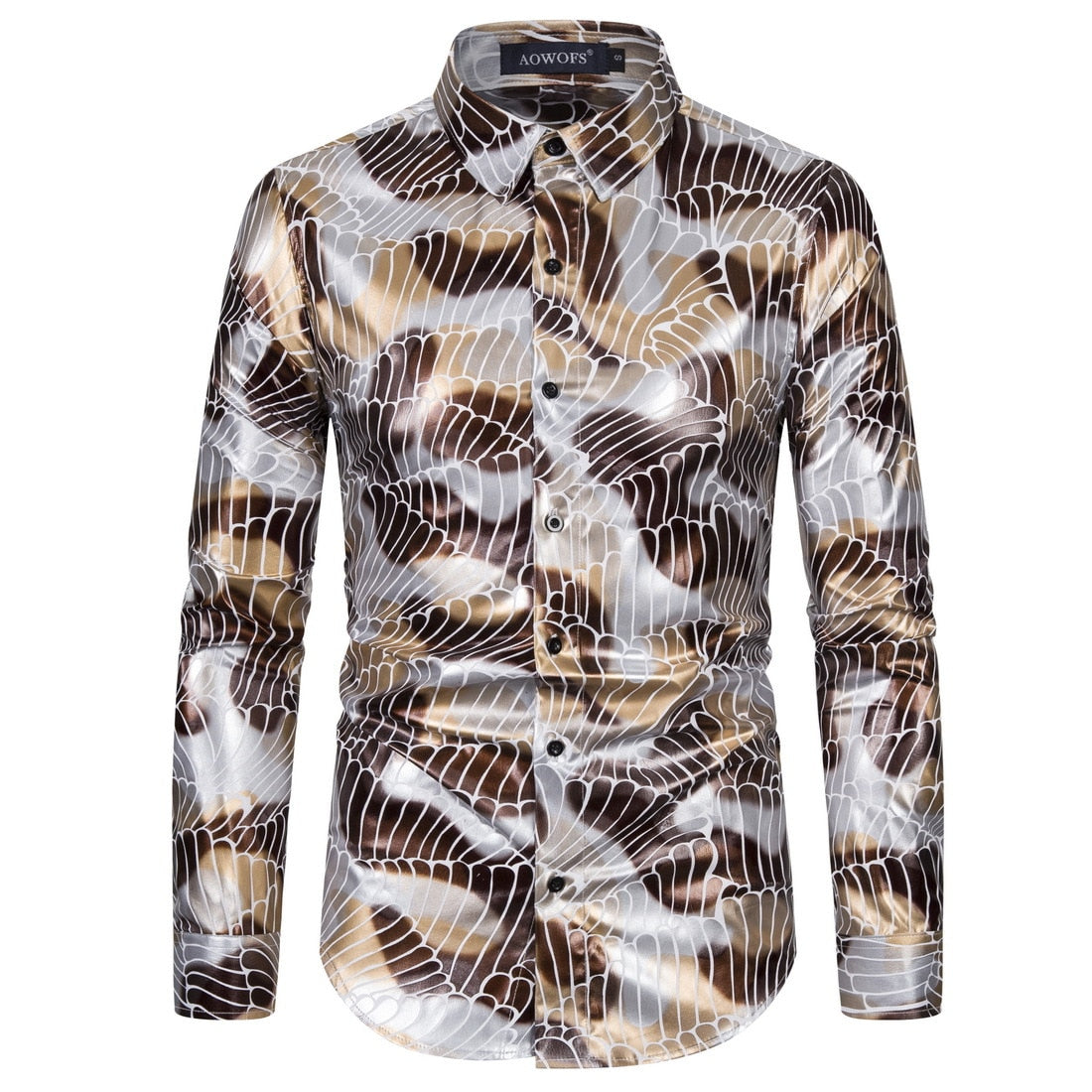 White Shining Gold Waves Printed Long Sleeve Shirt