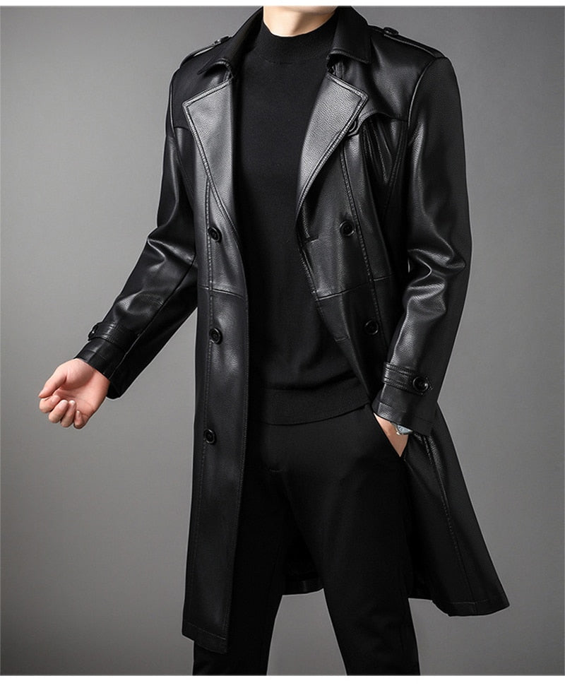 Double Breasted Solid Black Leather Coat