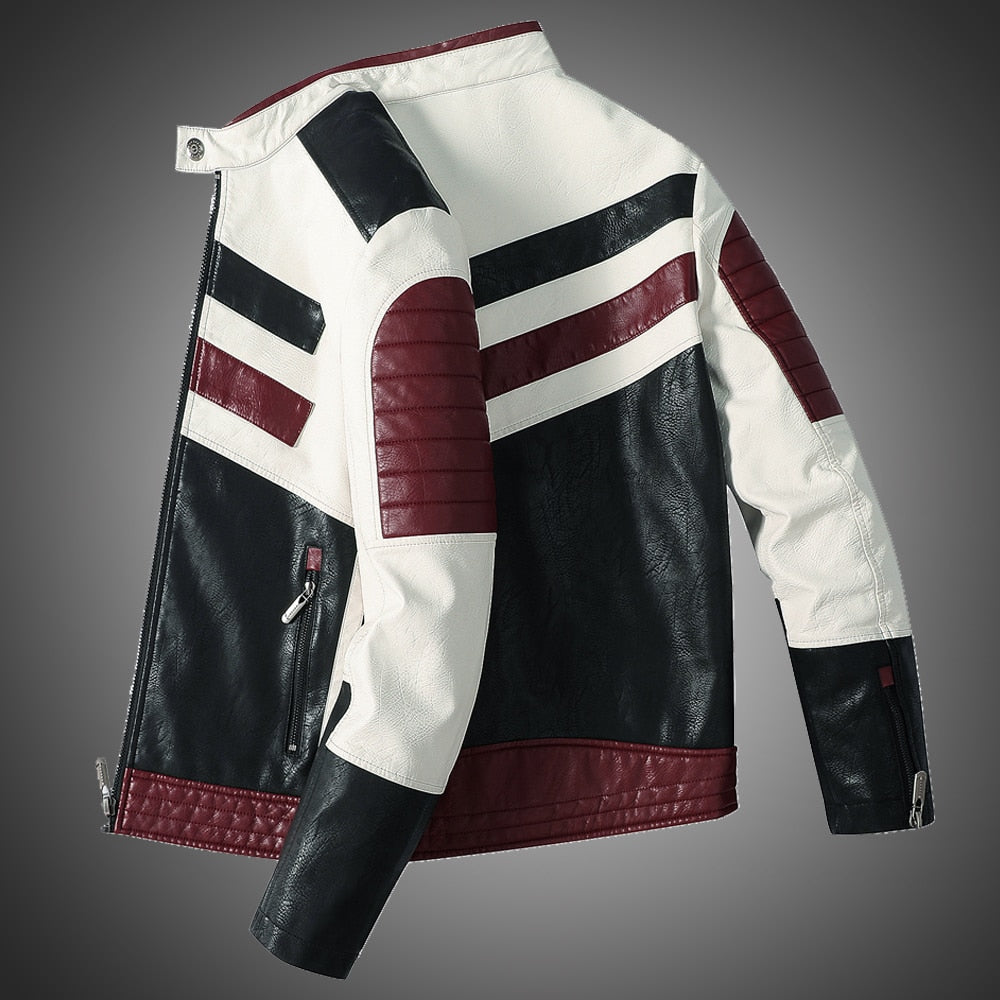 Striped Patchwork PU Leather Motorcycle Jacket