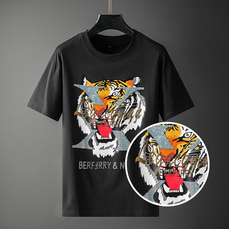 Tiger Printed Rhinestone Polyester Men's T-Shirt