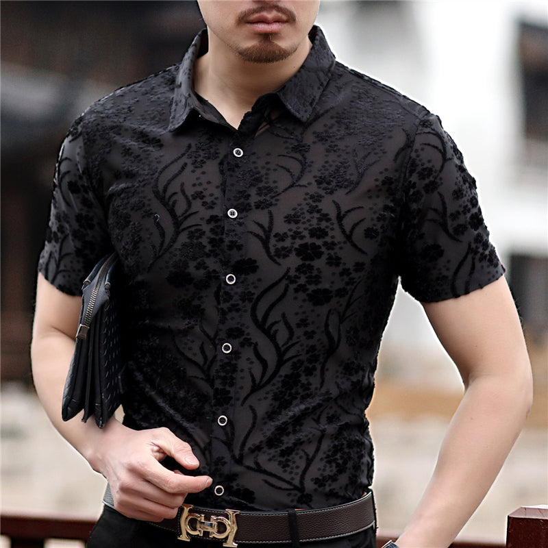 Small Floral Pattern Slim Fit Thin Semi See Through Men Shirt - FanFreakz