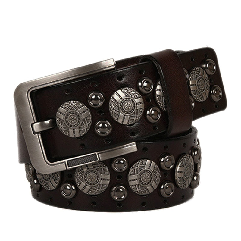 Floral Geometric Metal Studded Leather Belt