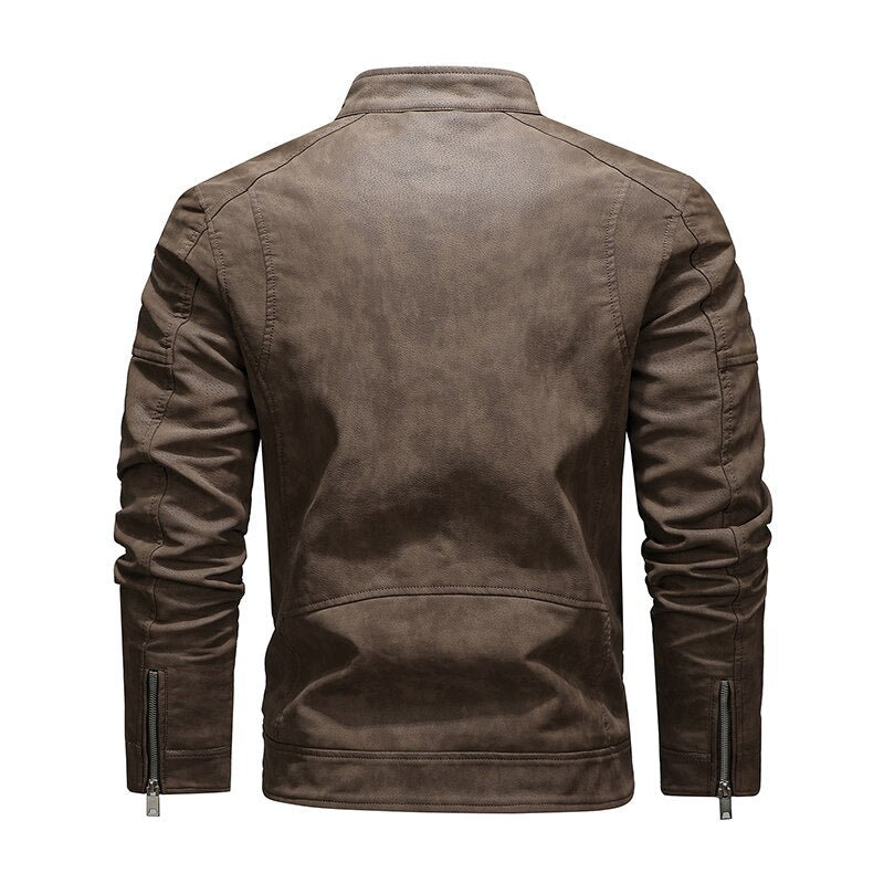 Solid Side Zipper Leather Jacket