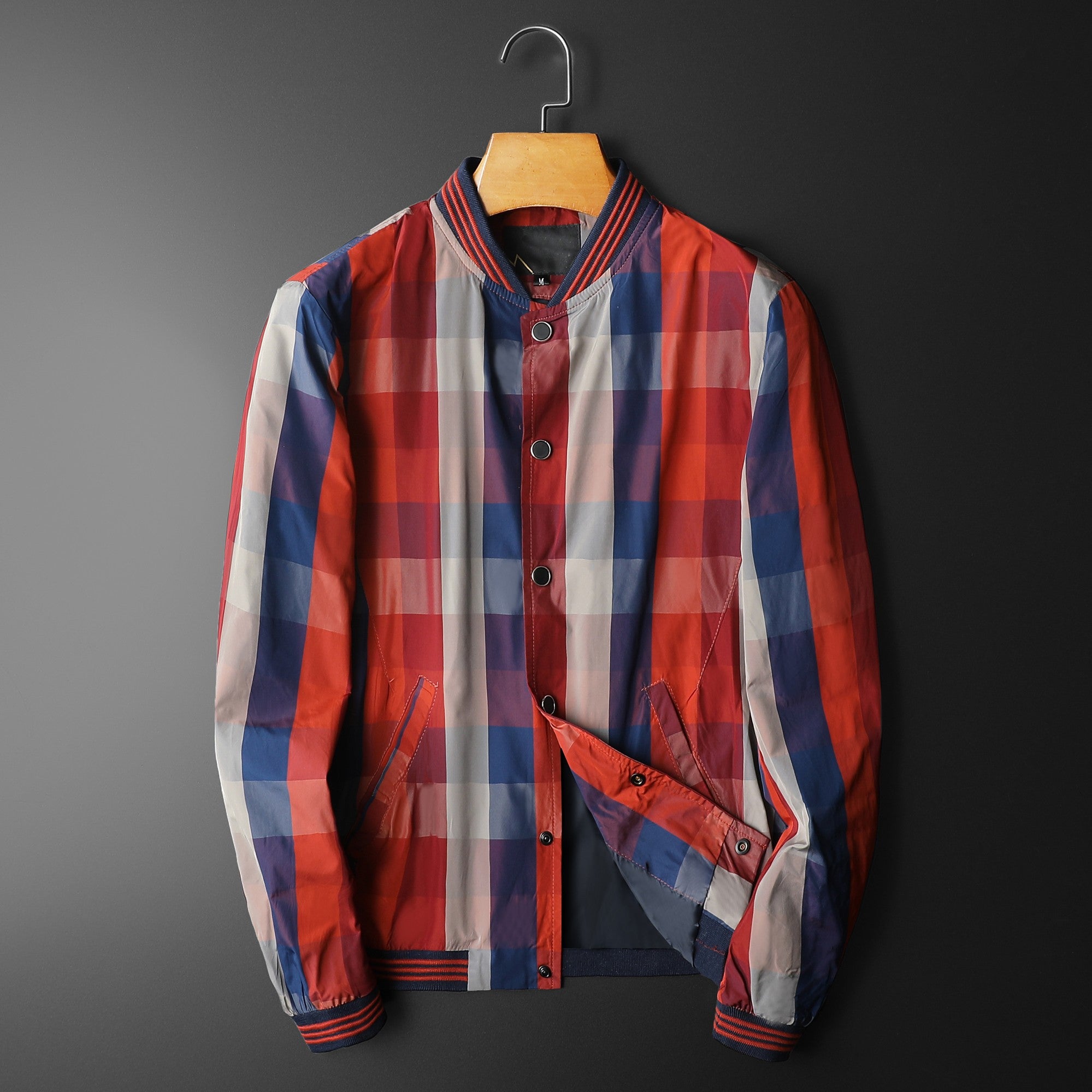 Red Plaids Stand Collar Jacket