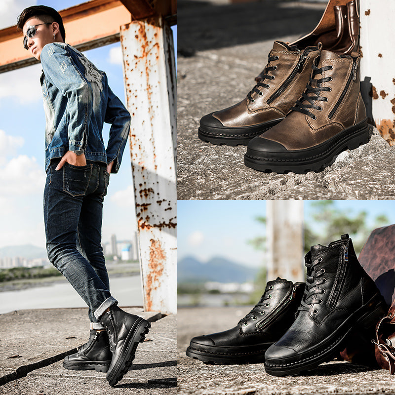 Retro Genuine Leather Warm Zip Basic Style Men Boots