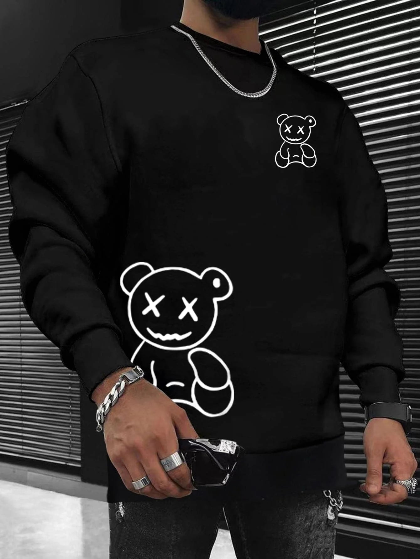 Solid Cartoon Bear Printed Sweater