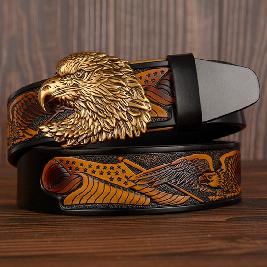 Intricate Eagle Pattern and Buckle Leather Belt