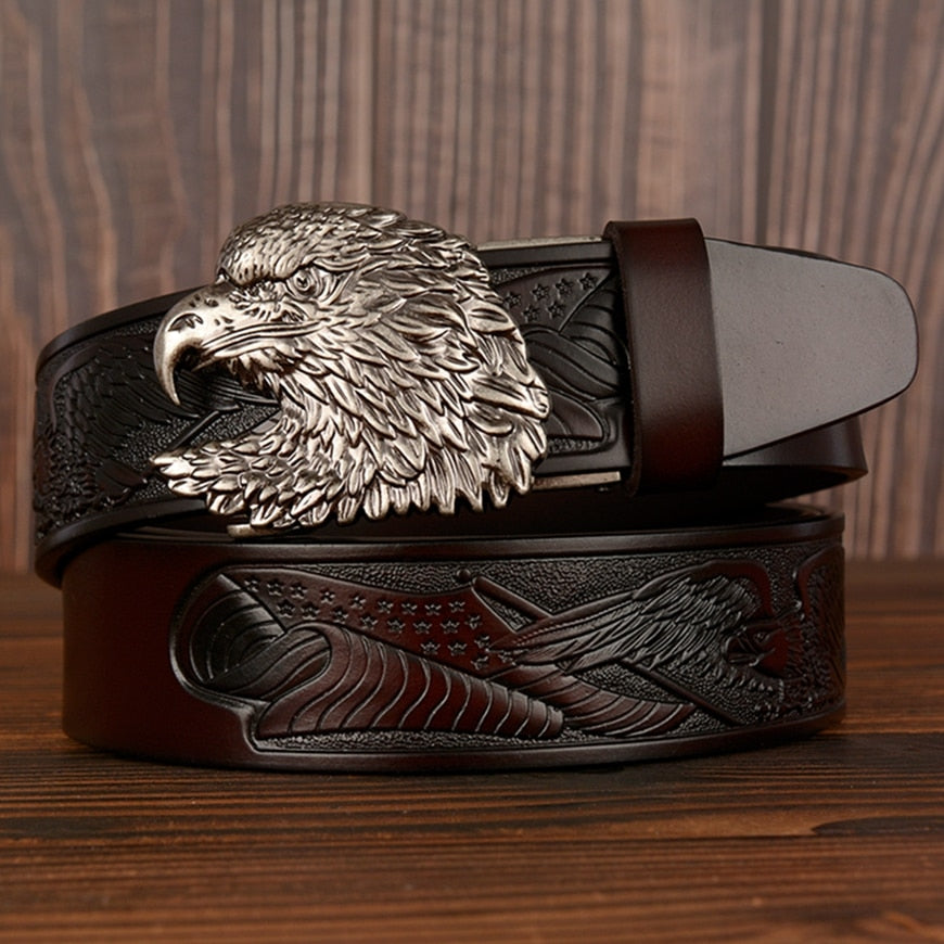 Intricate Eagle Pattern and Buckle Leather Belt