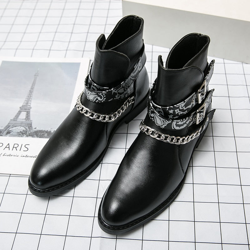 Chain Buckle Strap Pointed Toe Leather Boots